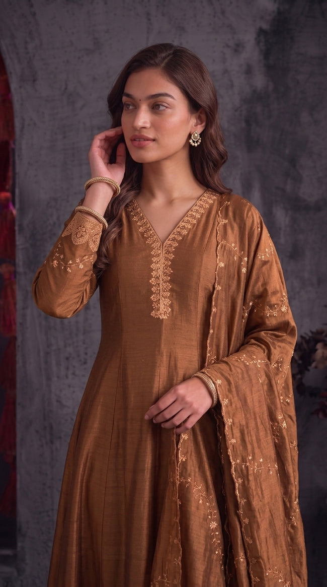 Brown Vichitra Silk Stitched Suit