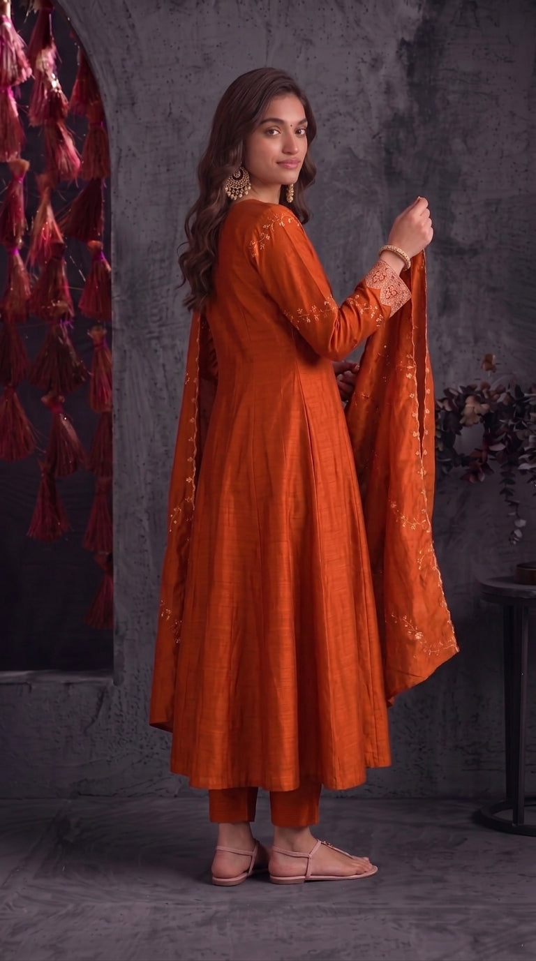 Orange Vichitra Silk Stitched Suit