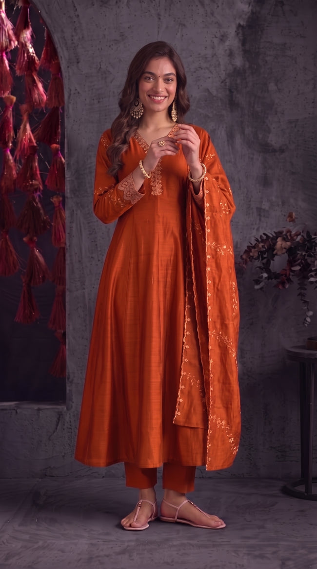 Orange Vichitra Silk Stitched Suit