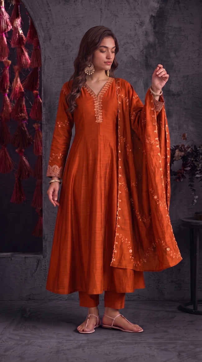 Orange Vichitra Silk Stitched Suit