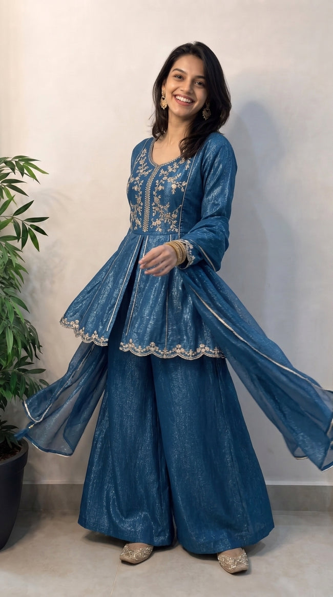 Blue Shimmer Crunchy Silk Stitched Suit