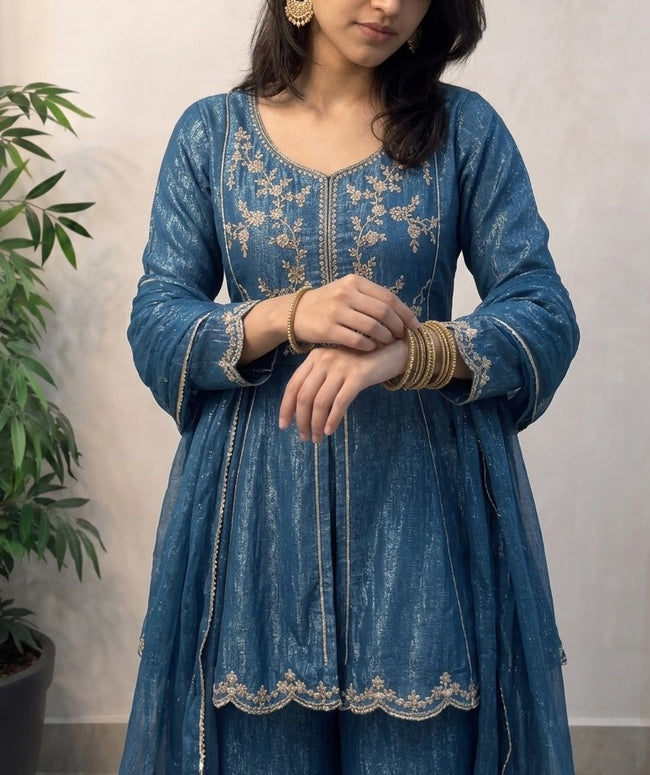 Blue Shimmer Crunchy Silk Stitched Suit