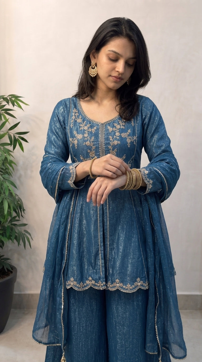 Blue Shimmer Crunchy Silk Stitched Suit