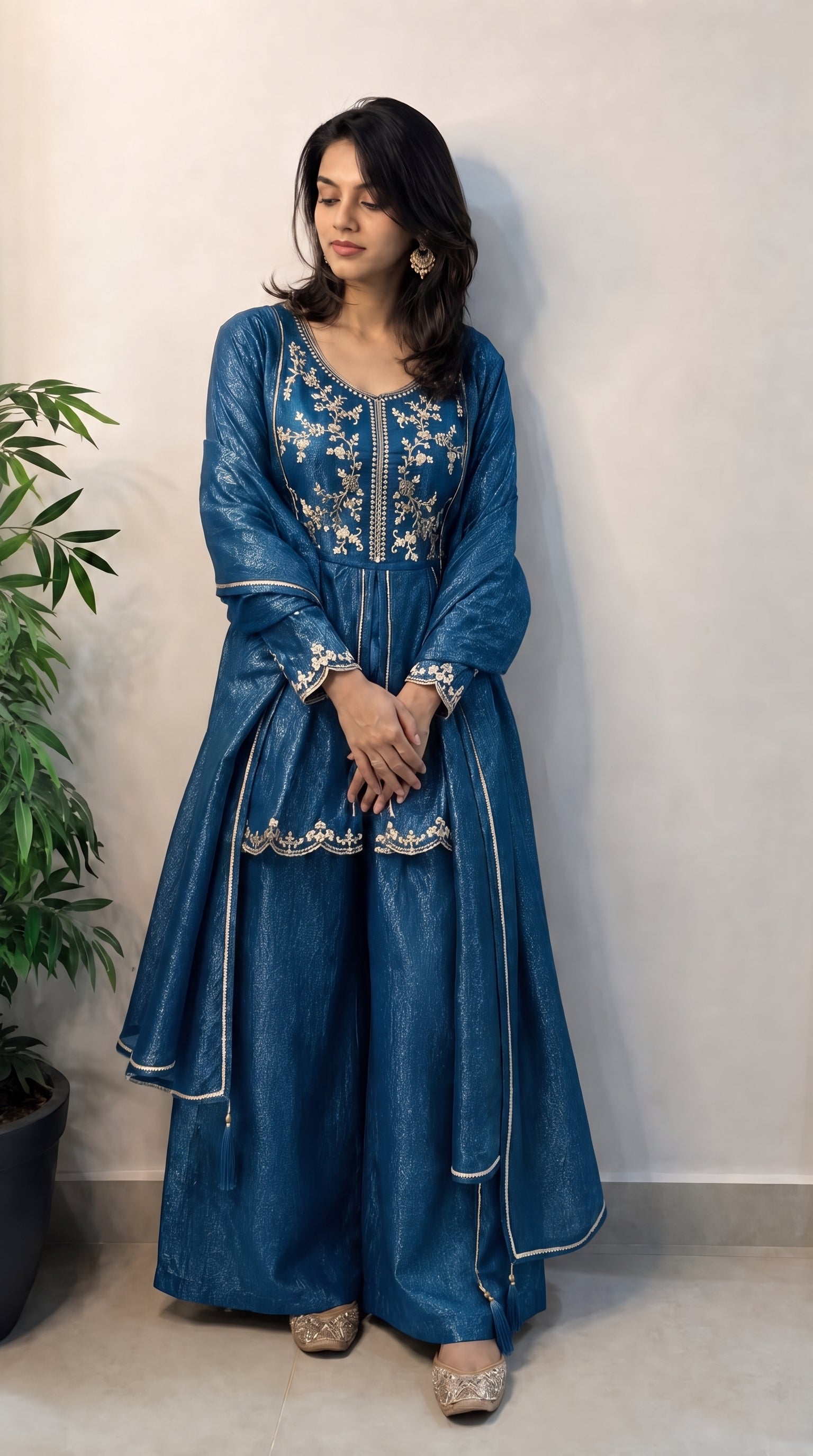 Blue Shimmer Crunchy Silk Stitched Suit