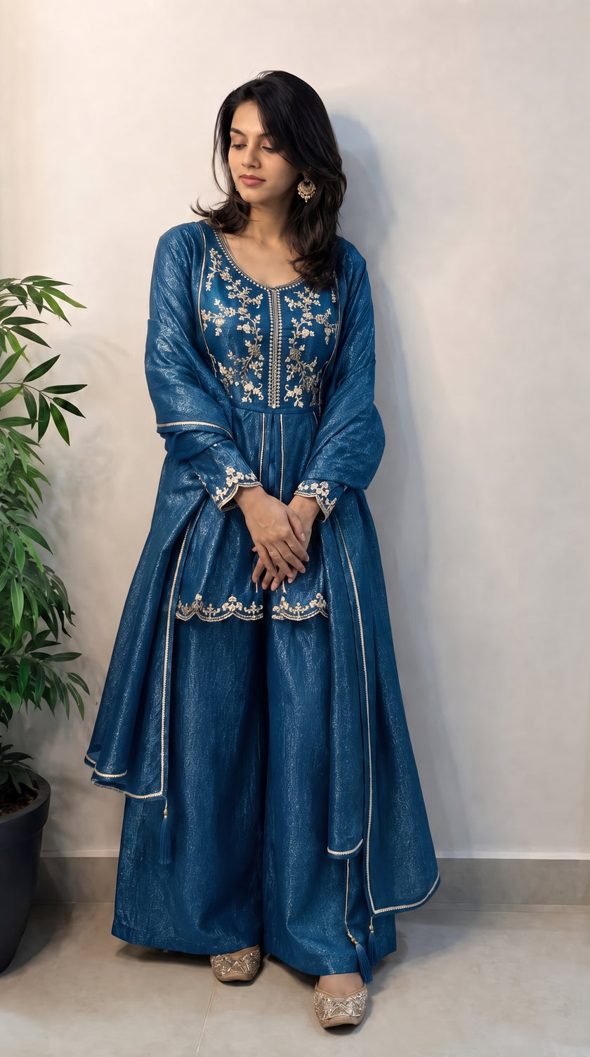 Blue Shimmer Crunchy Silk Stitched Suit