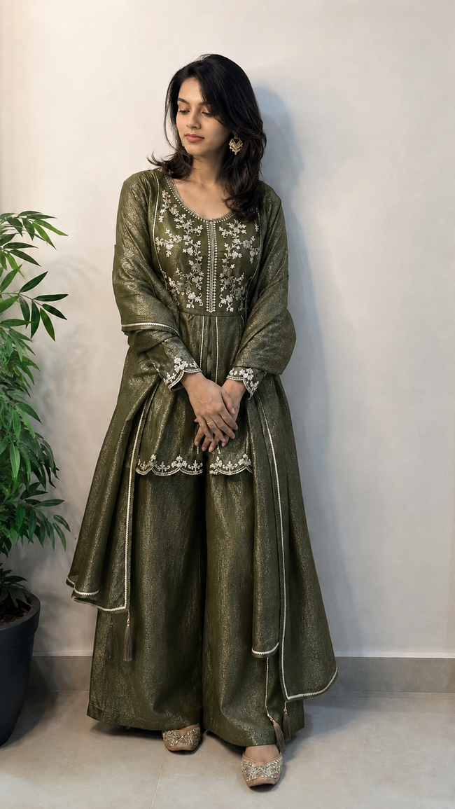 Olive Green Shimmer Crunchy Silk Stitched Suit