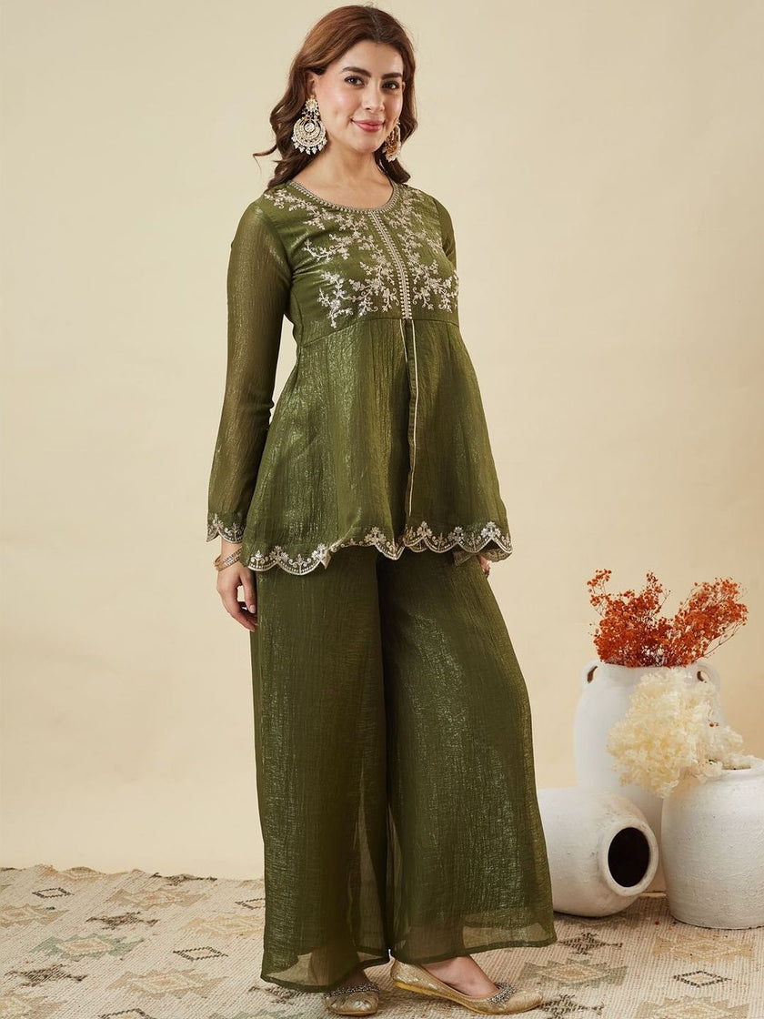 Olive Green Shimmer Crunchy Silk Stitched Suit