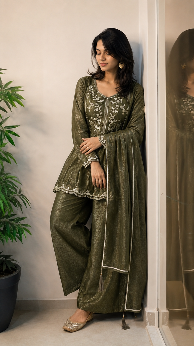 Olive Green Shimmer Crunchy Silk Stitched Suit