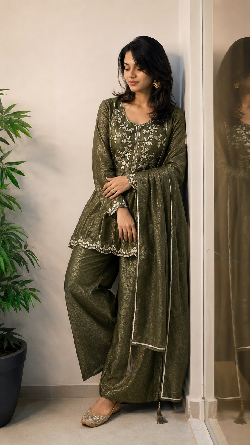 Olive Green Shimmer Crunchy Silk Stitched Suit