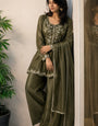 Olive Green Shimmer Crunchy Silk Stitched Suit