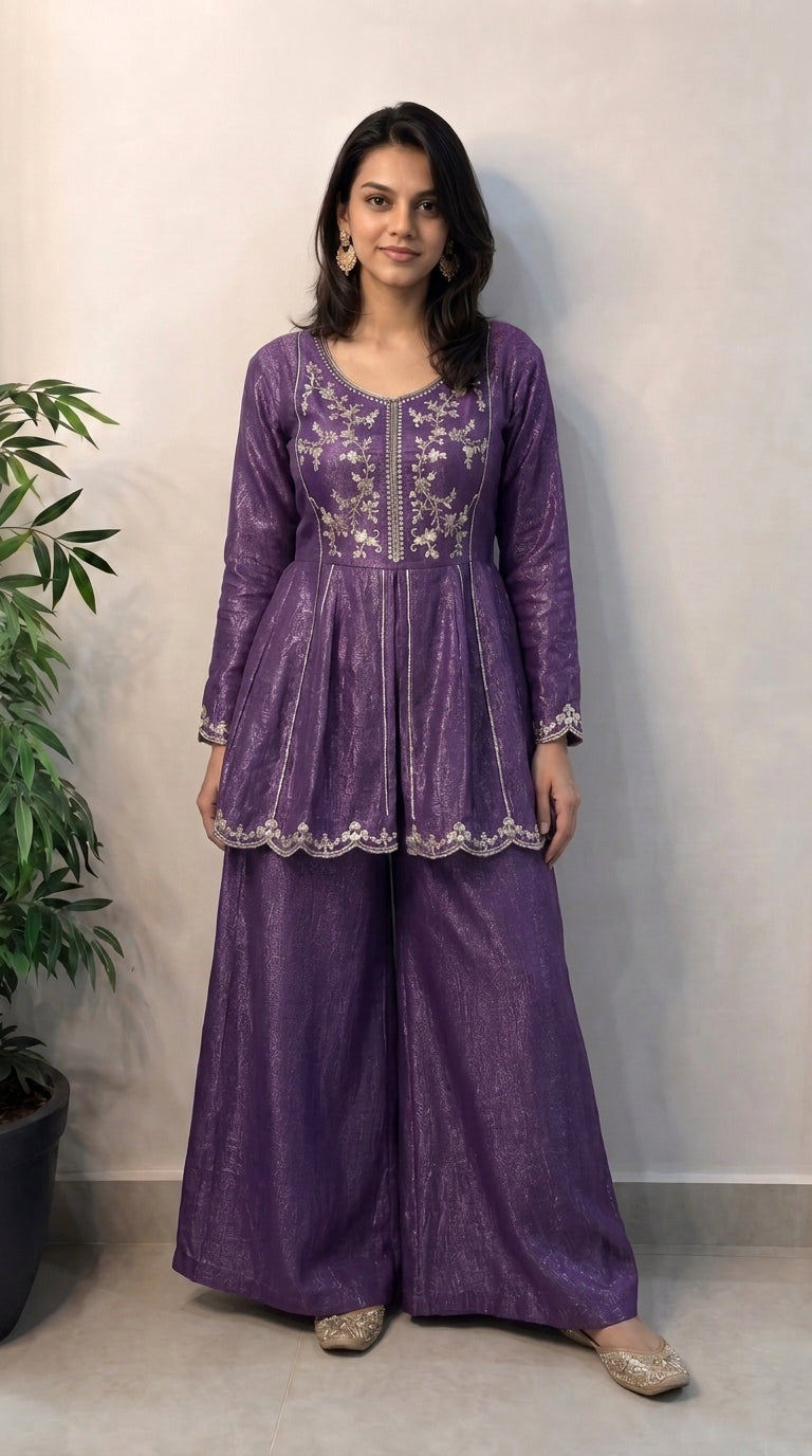 Purple Shimmer Crunchy Silk Stitched Suit