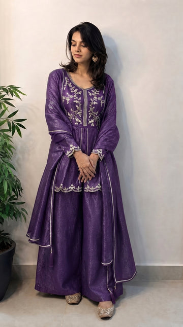 Purple Shimmer Crunchy Silk Stitched Suit