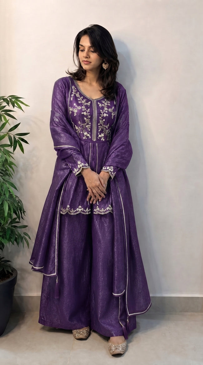 Purple Shimmer Crunchy Silk Stitched Suit
