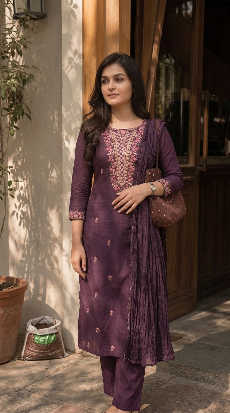Purple Silk Blend Embroidered Stitched Suit Set