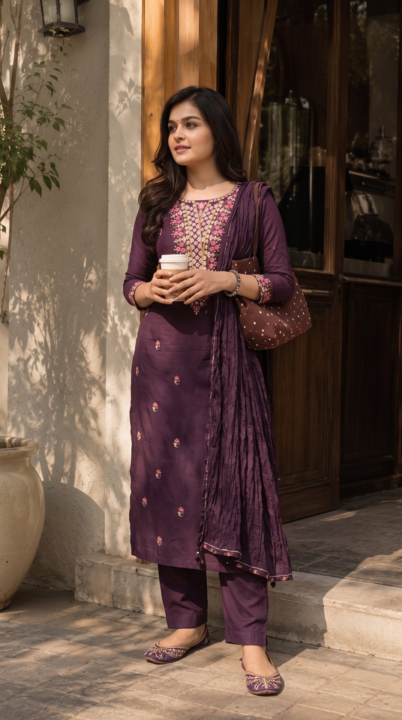 Purple Silk Blend Embroidered Stitched Suit Set