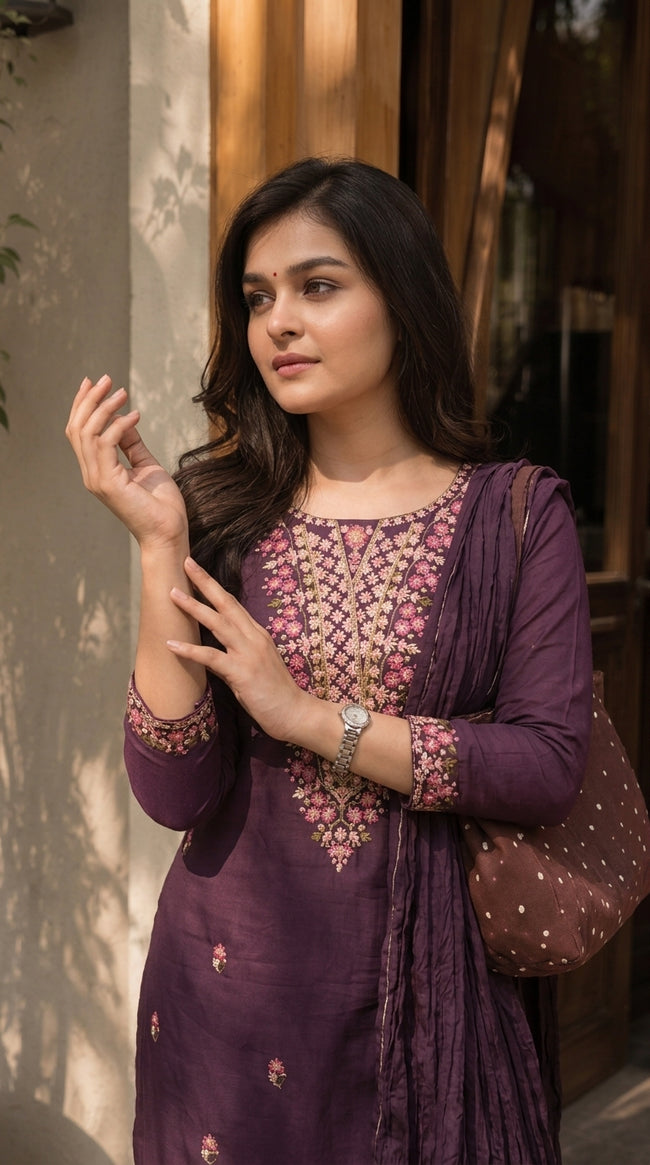 Purple Silk Blend Embroidered Stitched Suit Set