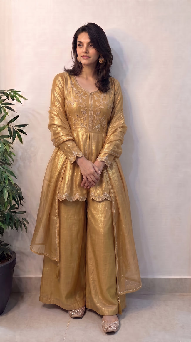 Yellow Shimmer Crunchy Silk Stitched Suit