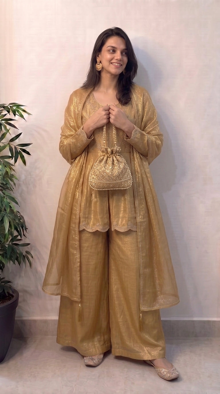 Yellow Shimmer Crunchy Silk Stitched Suit