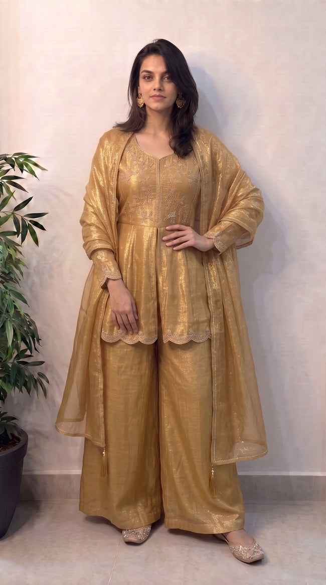 Yellow Shimmer Crunchy Silk Stitched Suit