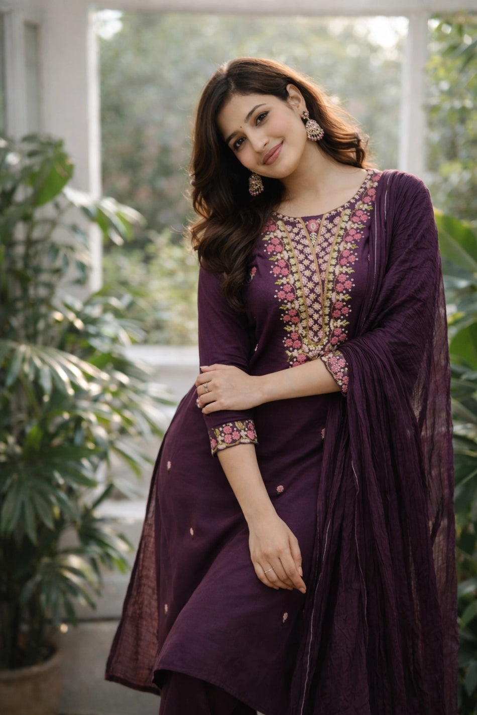 Purple Silk Blend Embroidered Stitched Suit Set