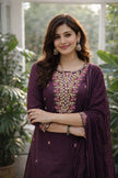 Purple Silk Blend Embroidered Stitched Suit Set