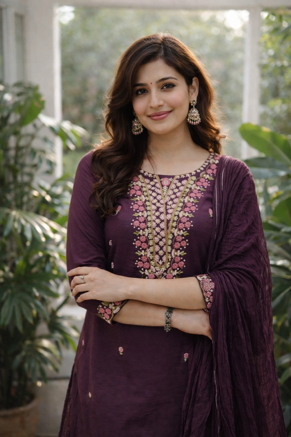 Purple Silk Blend Embroidered Stitched Suit Set