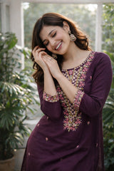 Purple Silk Blend Embroidered Stitched Suit Set