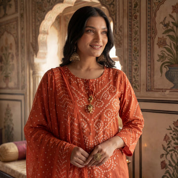 Rust Orange Silk Bandhani Printed Stitched Suit Set