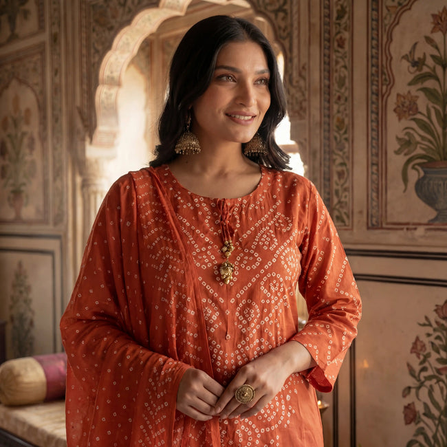 Rust Orange Silk Bandhani Printed Stitched Suit Set