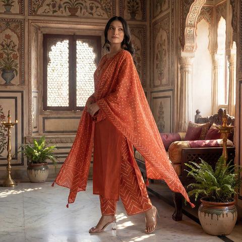 Rust Orange Silk Bandhani Printed Stitched Suit Set