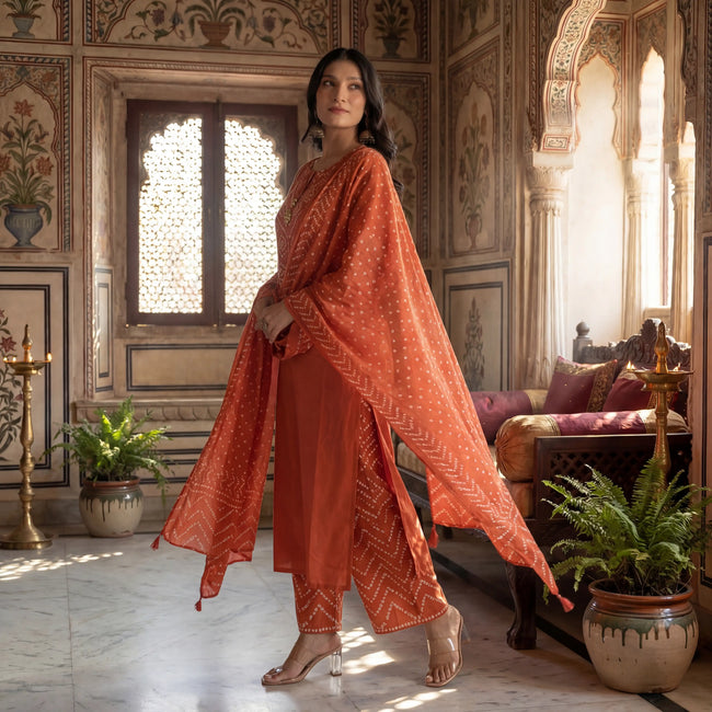 Rust Orange Silk Bandhani Printed Stitched Suit Set