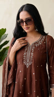 Brown Crunchy Silk Floral Embroidery Stitched Suit
