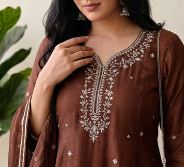 Brown Crunchy Silk Floral Embroidery Stitched Suit