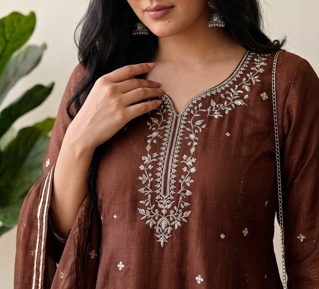 Brown Crunchy Silk Floral Embroidery Stitched Suit