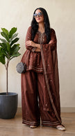 Brown Crunchy Silk Floral Embroidery Stitched Suit