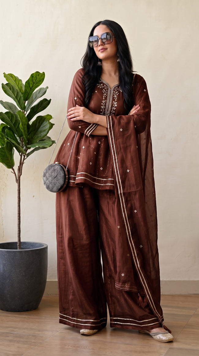 Brown Crunchy Silk Floral Embroidery Stitched Suit