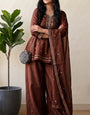 Brown Crunchy Silk Floral Embroidery Stitched Suit