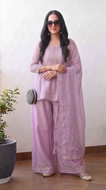 Lavender Crunchy Silk Floral Embroidery Stitched Suit