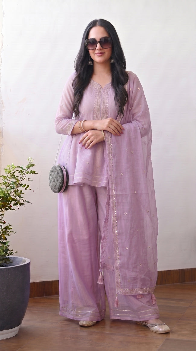Lavender Crunchy Silk Floral Embroidery Stitched Suit