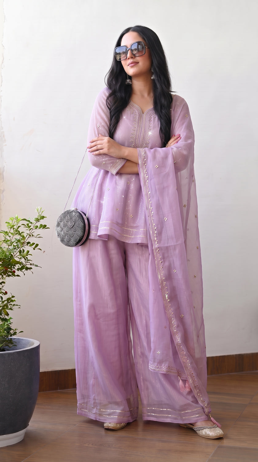 Lavender Crunchy Silk Floral Embroidery Stitched Suit