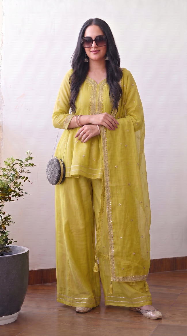 Mustard Crunchy Silk Floral Embroidery Stitched Suit