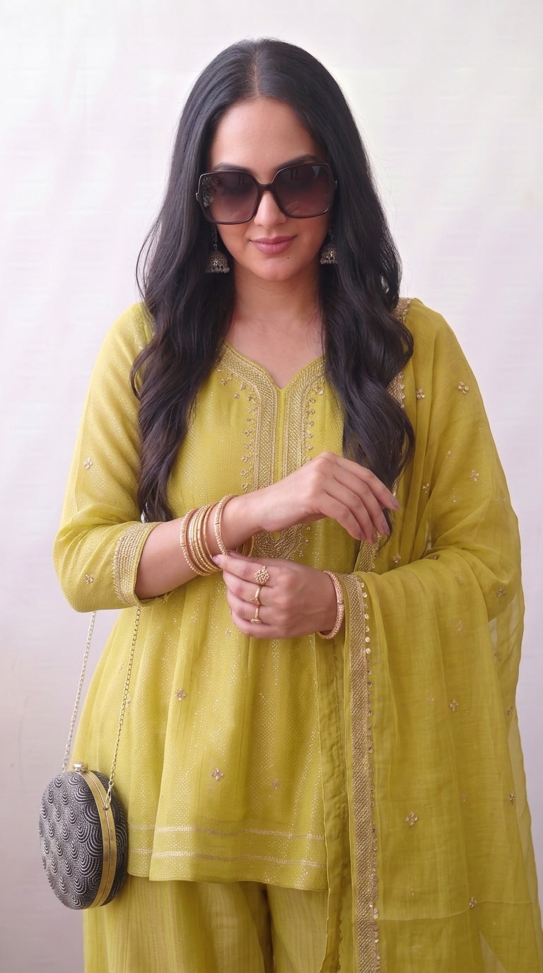 Mustard Crunchy Silk Floral Embroidery Stitched Suit