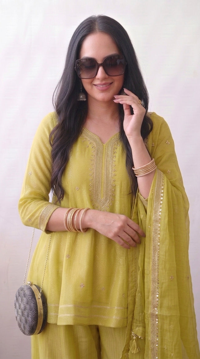 Mustard Crunchy Silk Floral Embroidery Stitched Suit