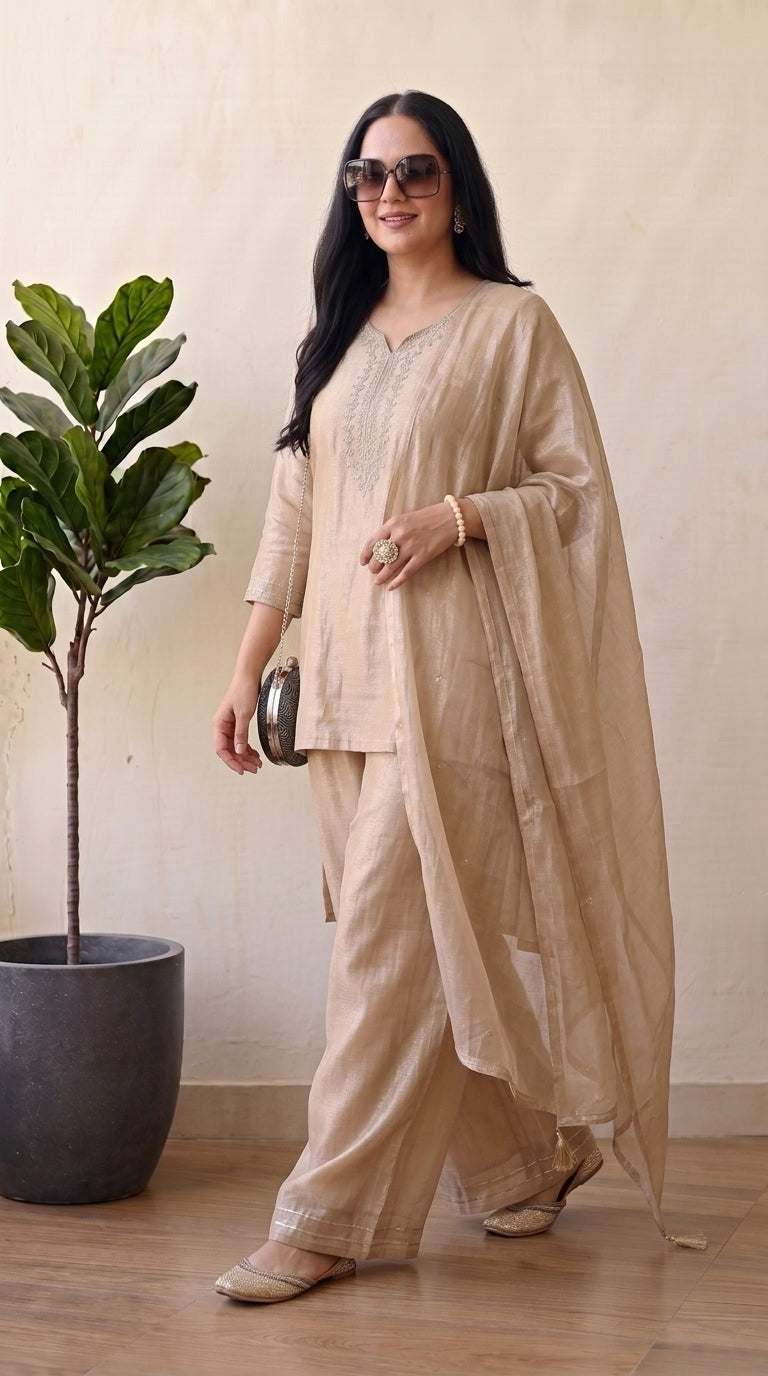 Beige Crunchy Silk Floral Embroidery Stitched Suit