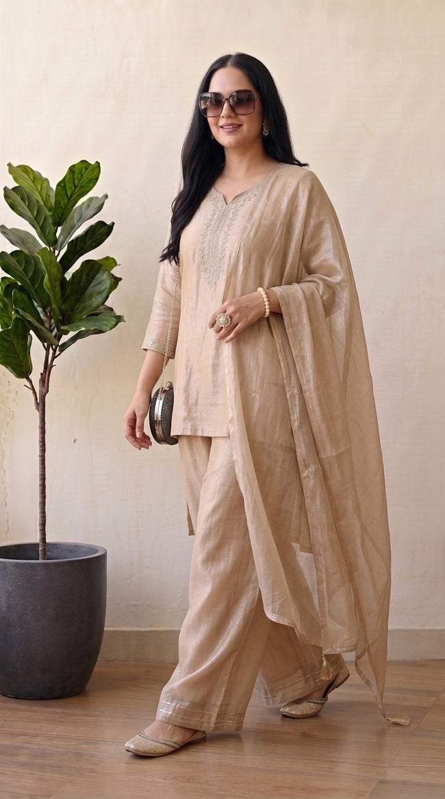 Beige Crunchy Silk Floral Embroidery Stitched Suit