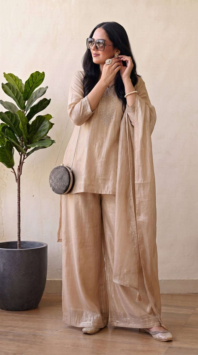 Beige Crunchy Silk Floral Embroidery Stitched Suit