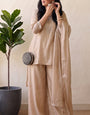 Beige Crunchy Silk Floral Embroidery Stitched Suit