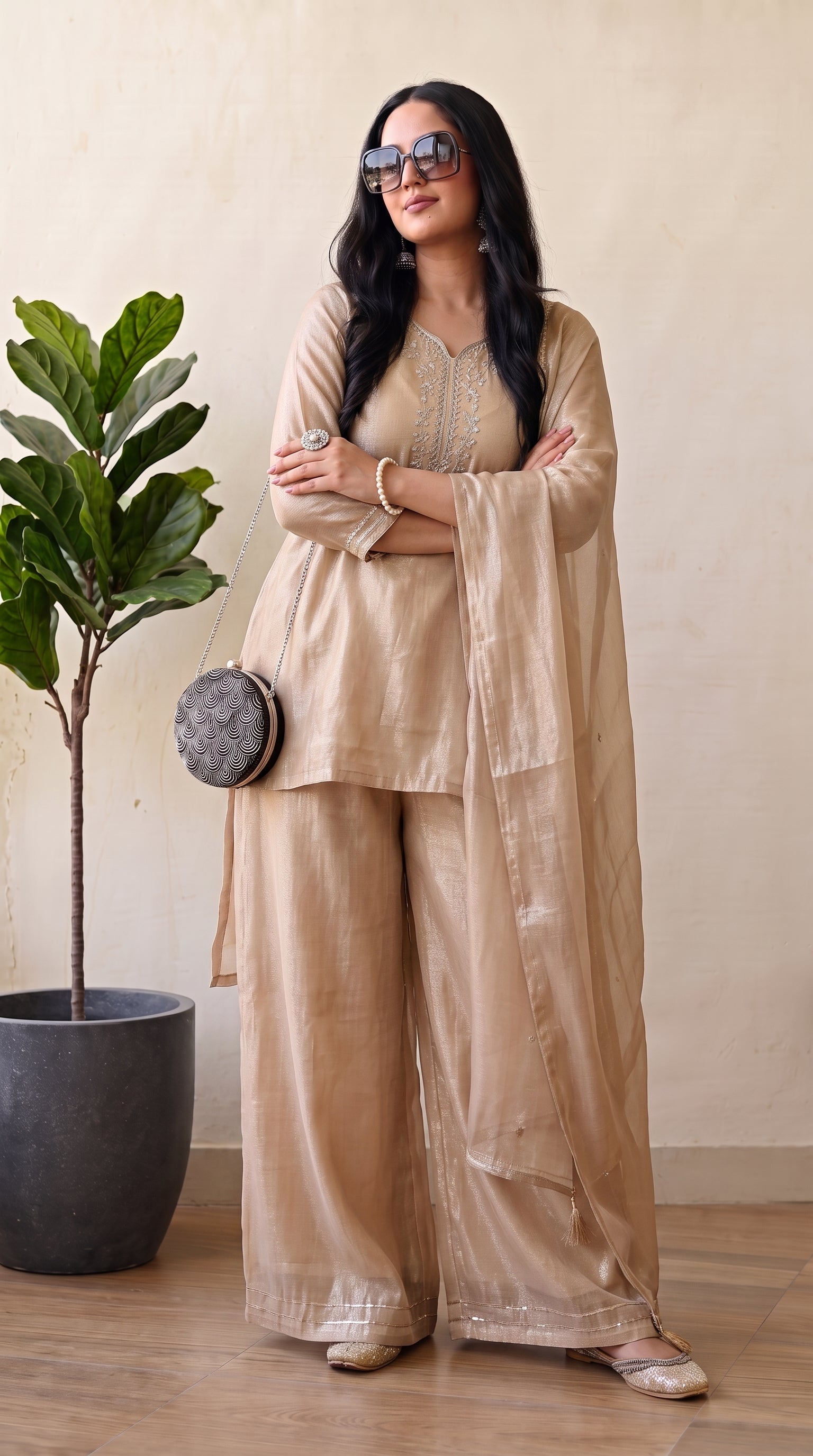 Beige Crunchy Silk Floral Embroidery Stitched Suit
