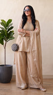 Beige Crunchy Silk Floral Embroidery Stitched Suit