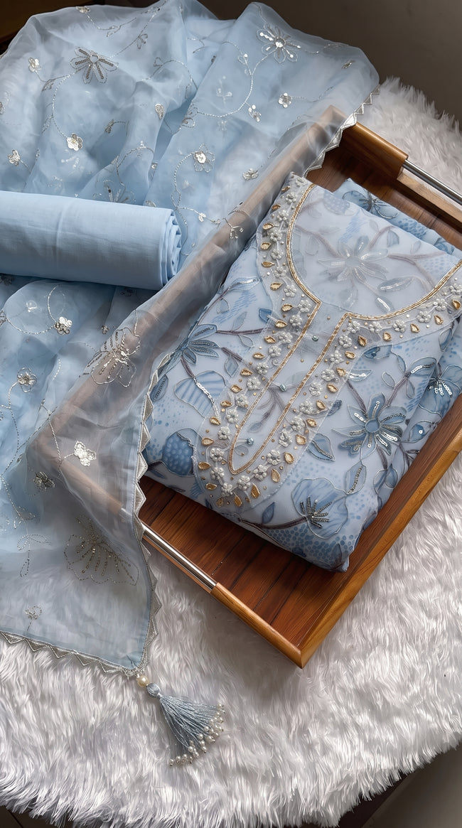 Sky Blue Viscose Handwork Unstitched Suit Set